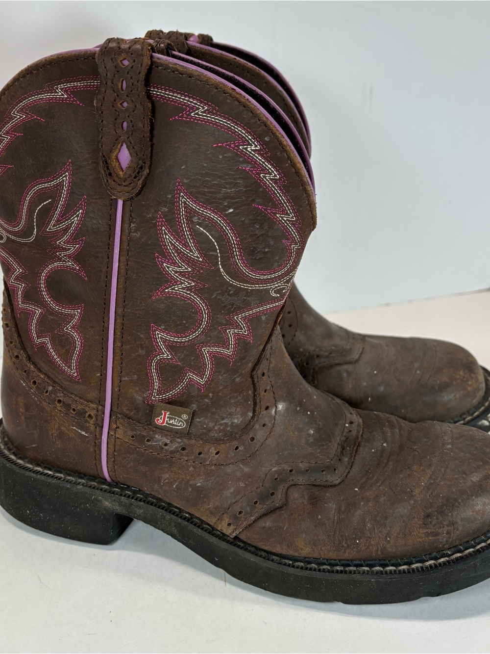 Justin Boots Gypsy Womens Leather Western Boots Brown/Pink Square Toe 8.5 B Read - Picture 5 of 9